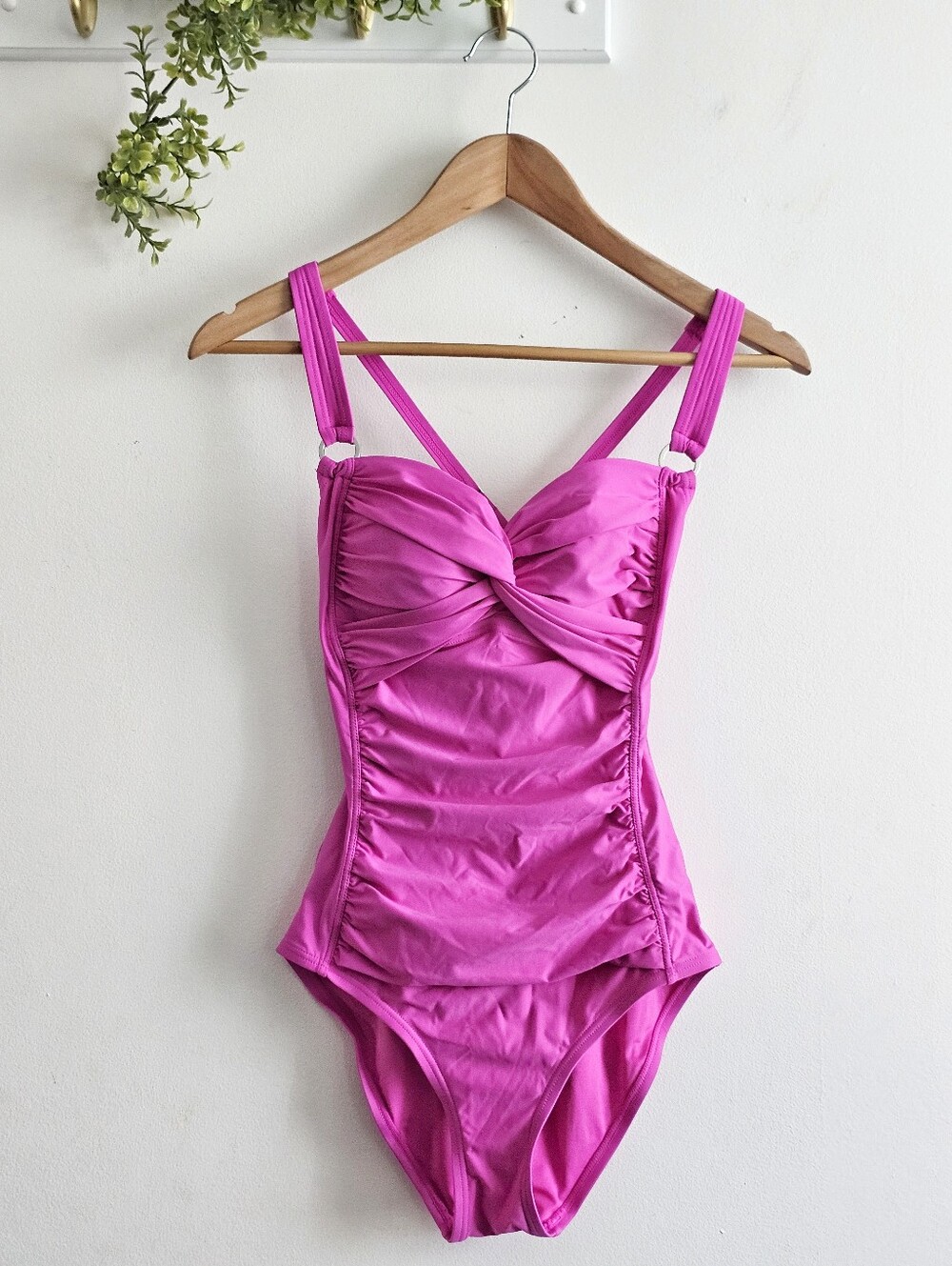 DKNY Hot Pink Ruched Twist Front One Piece Swimsuit Criss Cross Straps S - Picture 1 of 7